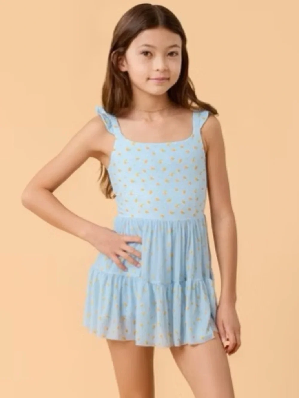 Blogilates Girls' Mommy & Me Ballerina Ruffle Dress, M (8)- Blue Citrus Print